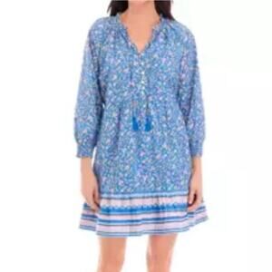 Wonderly Peasant Midi Dress Blue Floral Size 2X Cottage Boho Romantic XXL Ruffle